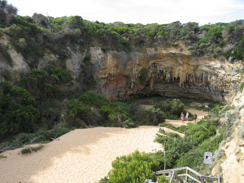 Port Campbell - Loch Ard Gorge, Muttonbird Island, Blow Hole, Thunder Cave: View down at sand and caves at Loch Ard Gorge