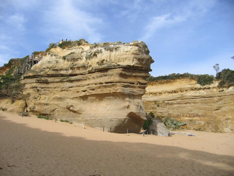 Port Campbell - Loch Ard Gorge, Muttonbird Island, Blow Hole, Thunder Cave: View to cliffs and stairs down to beach at Loch Ard Gorge