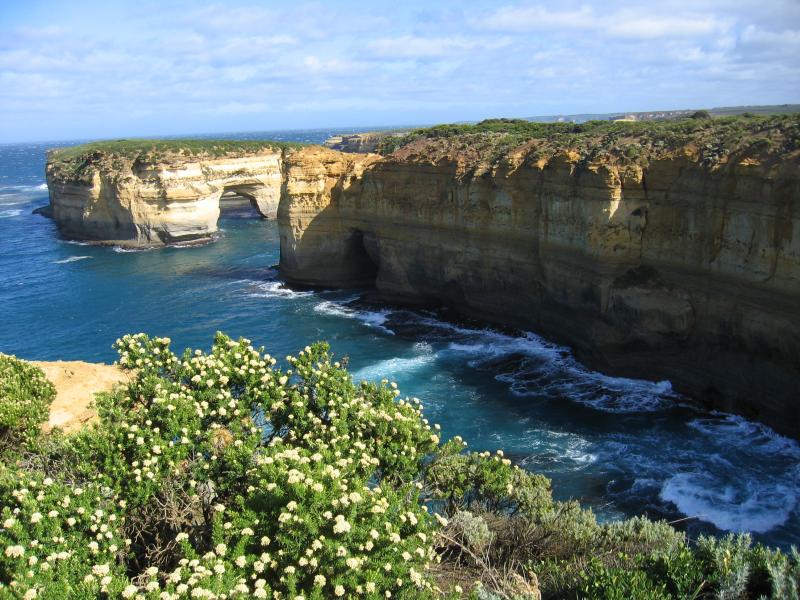 Port Campbell - Loch Ard Gorge, Muttonbird Island, Blow Hole, Thunder Cave: View along Loch Ard Gorge towards Elephant Rock and Island Arch