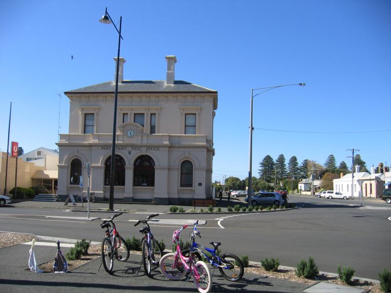 Port Fairy - Shops and commercial centre, Bank Street and Sackville Street: Port Fairy Post Office, view east along Cox St at Sackville St