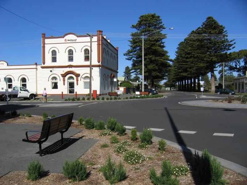 Port Fairy - Shops and commercial centre, Bank Street and Sackville Street: National Bank, view south along Sackville St at Cox St
