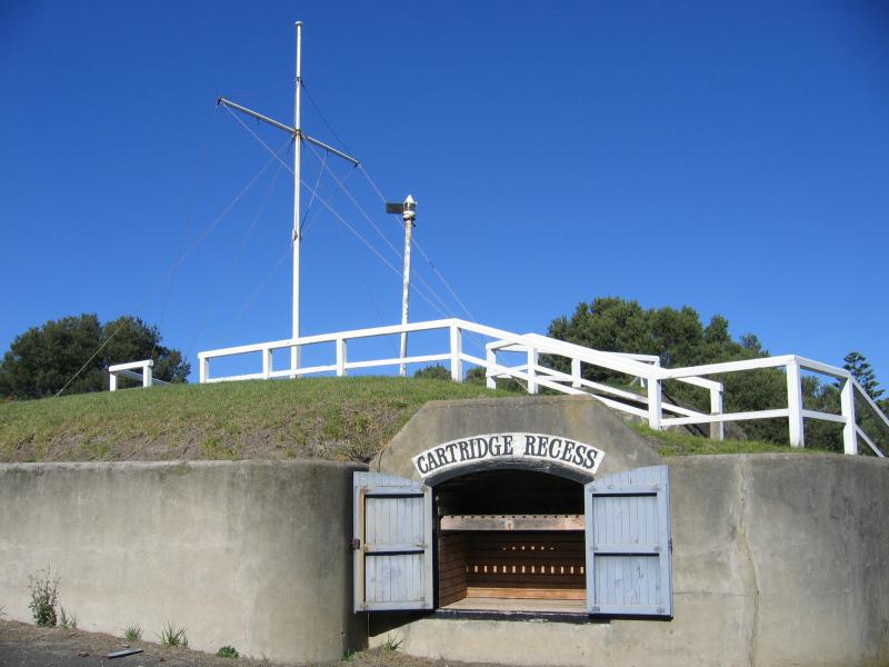 Port Fairy - Battery Hill Reserve, southern end of Griffiths Street: Cartridge recess under flagstaff