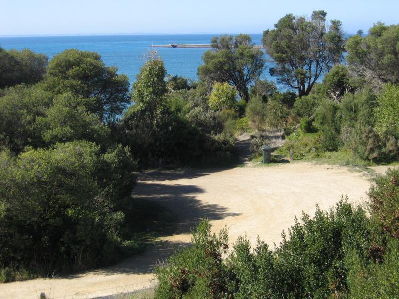 Port Fairy - Battery Hill Reserve, southern end of Griffiths Street: View south-east along coast towards mouth of Moyne River from lookout