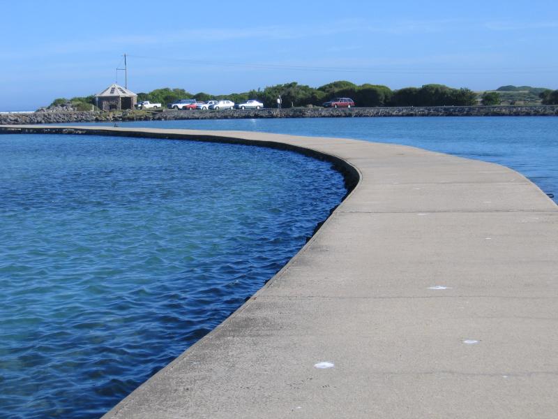 Port Fairy - Griffiths Island: View south-west along Moyne River along walkway towards entrance to Griffiths Island