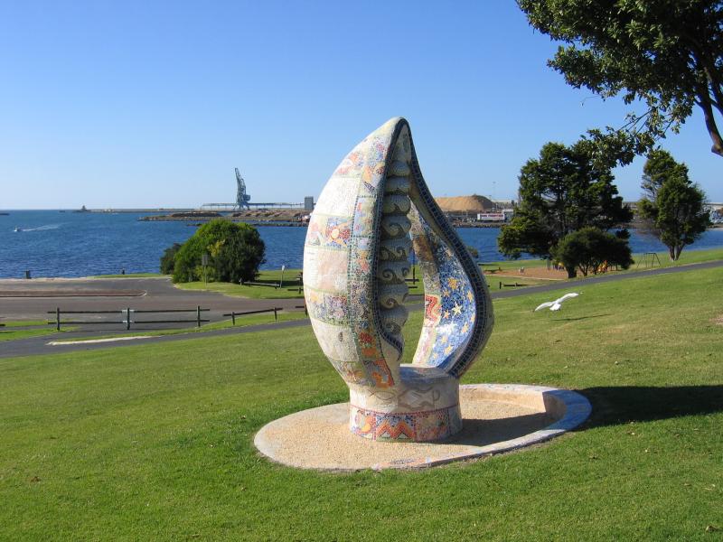 Portland - Cliff Street, Council offices and nearby foreshore: Shell mosaic, view east through park at corner of Cliff St and Bentinck St
