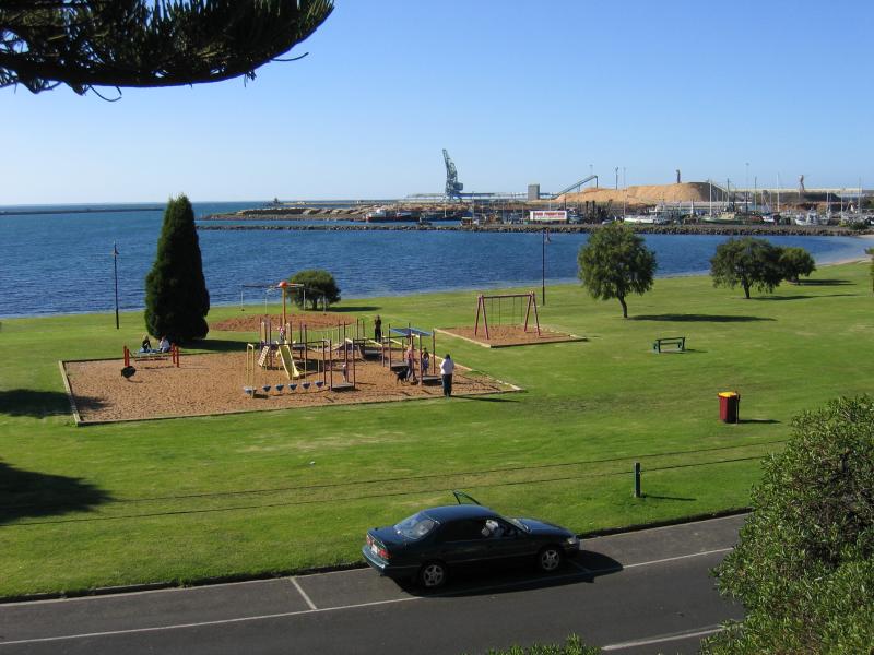 Portland - Cliff Street, Council offices and nearby foreshore: View north-east across Lee Breakwater Rd and foreshore from Cliff St at Council Offices