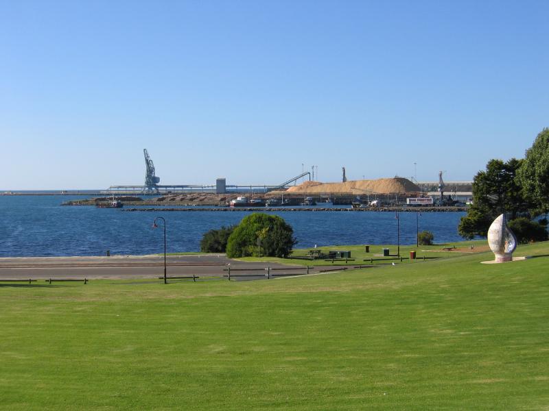 Portland - Foreshore and coastal attractions on Lee Breakwater Road: View east across Lee Breakwater Rd towards Port of Portland from near Cliff St