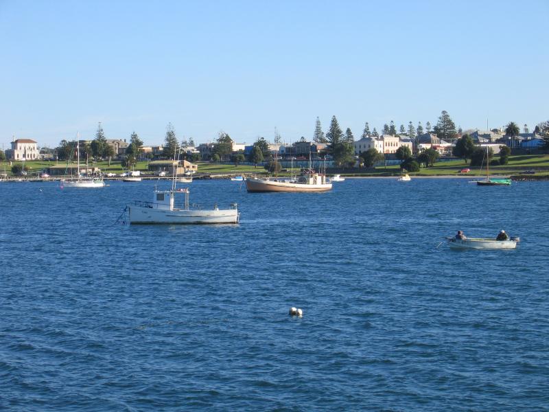 Portland - Foreshore and coastal attractions on Lee Breakwater Road: View south-west to Bentinck St shops from S.L. Patterson Tanker Berth