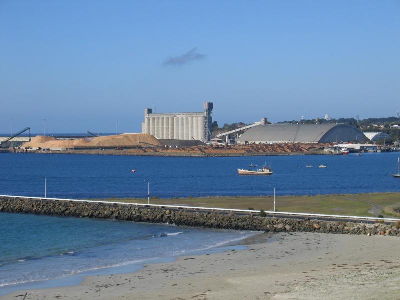 Portland - Foreshore along Bentinck Street above Nuns Beach and marina: View south-east across S.L. Patterson Tanker Berth towards Port of Portland