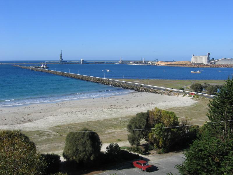 Portland - Foreshore along Bentinck Street above Nuns Beach and marina: View south-east along coast towards S.L. Patterson Tanker Berth and Port of Portland
