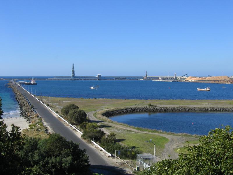Portland - Foreshore along Bentinck Street above Nuns Beach and marina: View south-east along coast above S.L. Patterson Tanker Berth