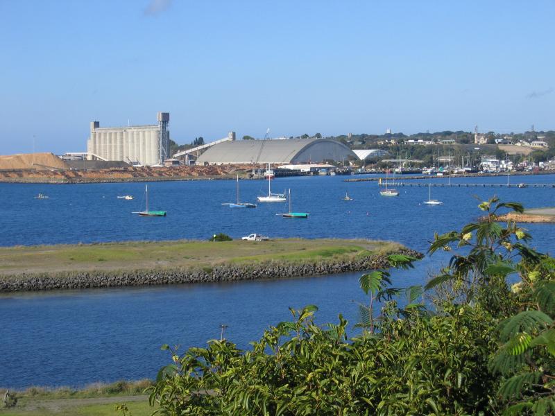 Portland - Foreshore along Bentinck Street above Nuns Beach and marina: View south-east to Port of Portland from above S.L. Patterson Tanker Berth