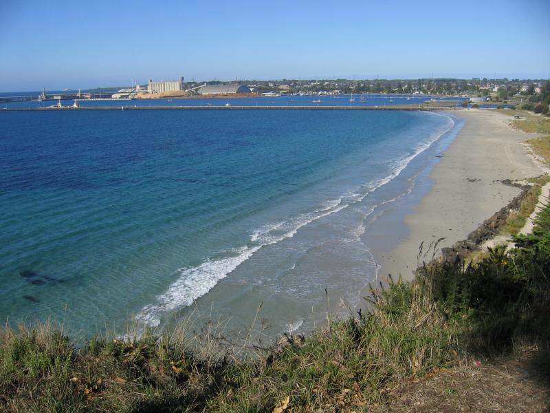 Portland - Whalers Bluff Lighthouse and coastal views, Lighthouse Street: View south along Nuns Beach towards S.L. Patterson Tanker Berth