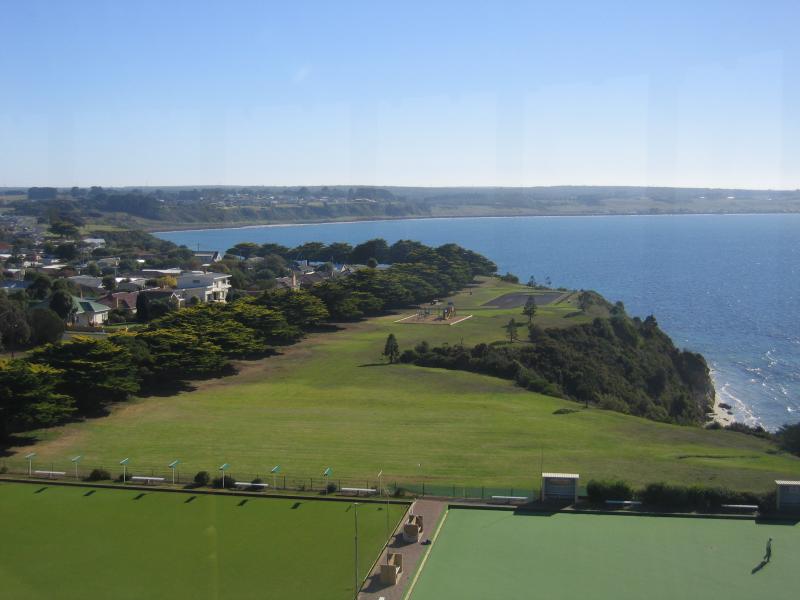 Portland - World War II Memorial Lookout Tower, Wade Street: View from tower, north across bowling green and along coast