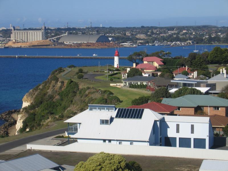 Portland - World War II Memorial Lookout Tower, Wade Street: View south towards Whalers Bluff Lighthouse and Port of Portland