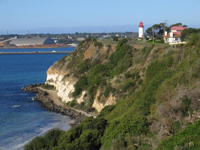 Portland - World War II Memorial Lookout Tower, Wade Street: View south along coast towards Whalers Bluff Lighthouse from east end of Wade St