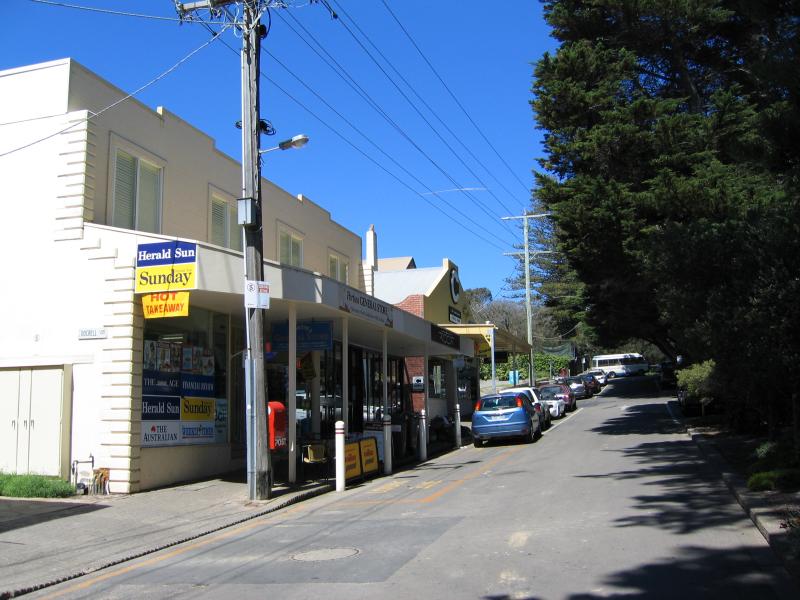 Portsea - Shops and commercial centre, Point Nepean Road: Shops, view east along Point Nepean Rd service road at Docrell Lane