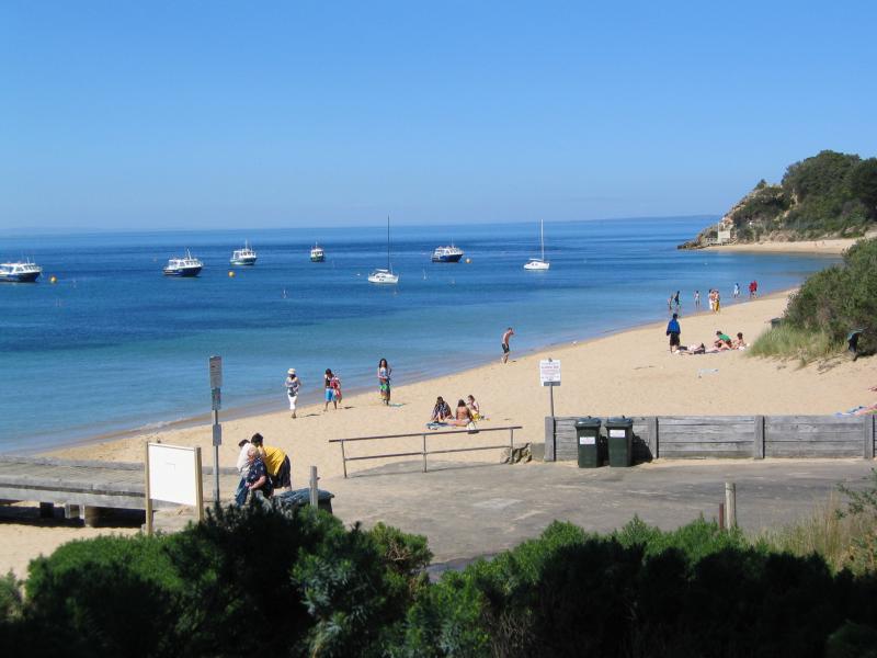 Portsea - Portsea Pier and foreshore at Weeroona Bay: View east along beach at pier