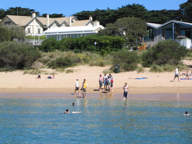 Portsea - Portsea Pier and foreshore at Weeroona Bay: View from pier towards coast and Portsea Hotel