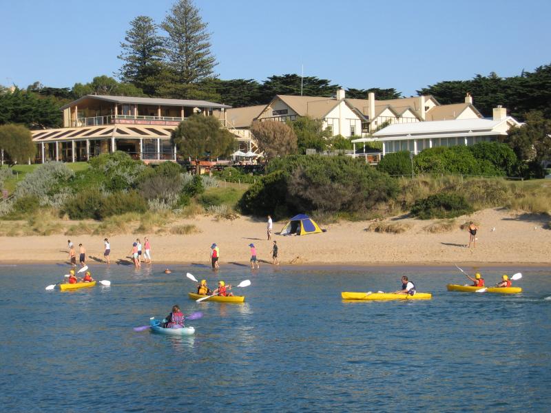 Portsea - Portsea Pier and foreshore at Weeroona Bay: View from pier towards coast and Portsea Hotel