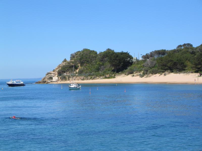 Portsea - Portsea Pier and foreshore at Weeroona Bay: View from pier, east towards Point Franklin