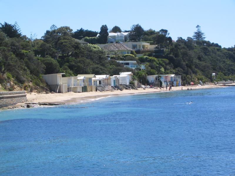 Portsea - Portsea Pier and foreshore at Weeroona Bay: View from pier, west along coast