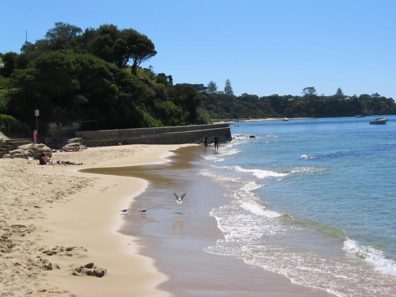 Portsea - Portsea Pier and foreshore at Weeroona Bay: View west along beach at pier