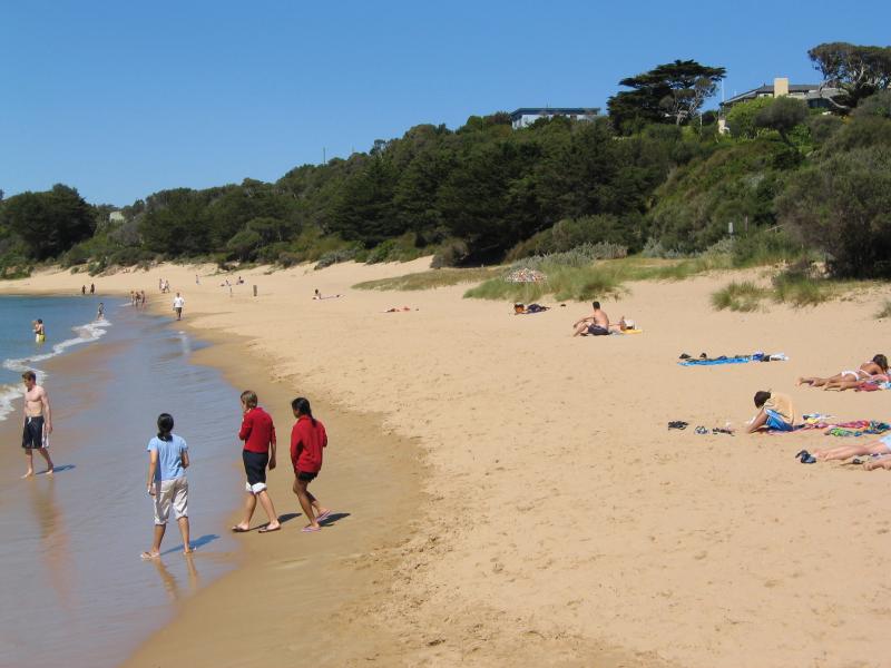 Portsea - Portsea Pier and foreshore at Weeroona Bay: View east along beach at pier