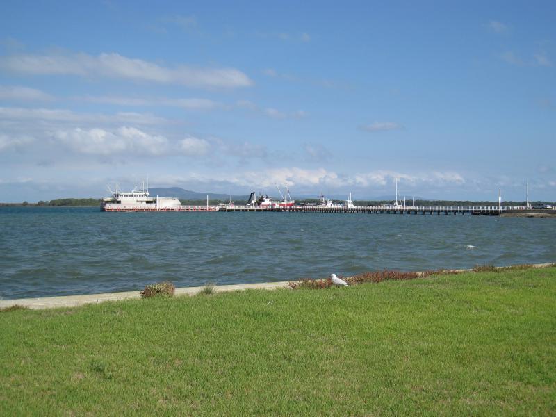 Port Welshpool - Port Welshpool Wharf and surrounding foreshore, Lewis Street near eastern end - View across foreshore towards wharf and jetty