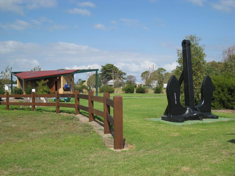 Port Welshpool - Gardens on southern side of Main Street at Port Welshpool Road, Welshpool: Black anchor monument and toilets
