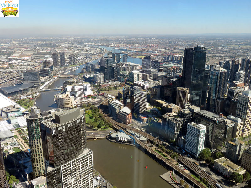 Melbourne Skydeck, Southbank - Westerly view along Yarra River and across Melbourne CBD towards Docklands