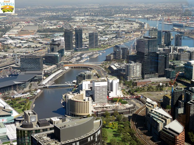 Melbourne Skydeck, Southbank - Westerly view along Yarra River towards World Trade Centre, Charles Grimes Bridge and Docklands