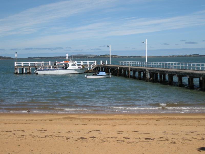 Rhyll - Boat ramp, Rhyll Jetty and coast along southern section of Beach Road: View towards Rhyll Jetty from beach