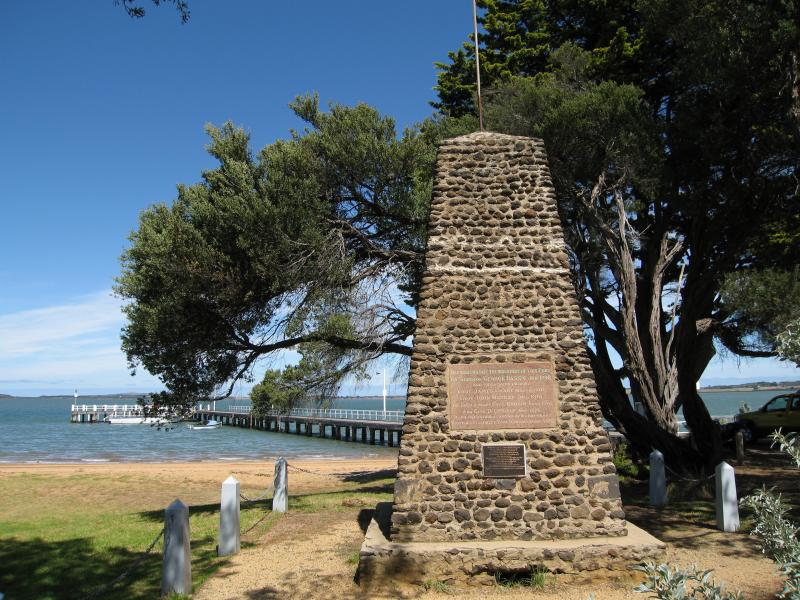 Rhyll - Boat ramp, Rhyll Jetty and coast along southern section of Beach Road: George Bass discovery monument at Rhyll Jetty