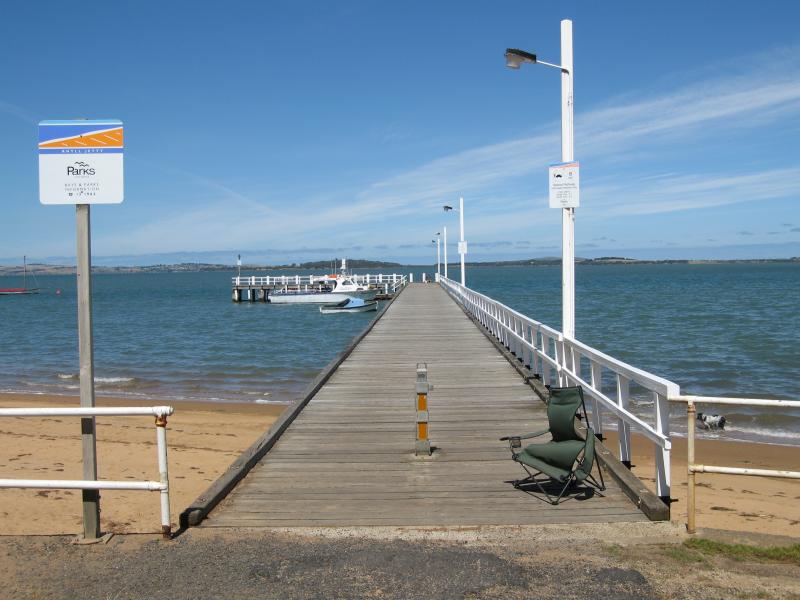 Rhyll - Boat ramp, Rhyll Jetty and coast along southern section of Beach Road: View along Rhyll Jetty from foreshore