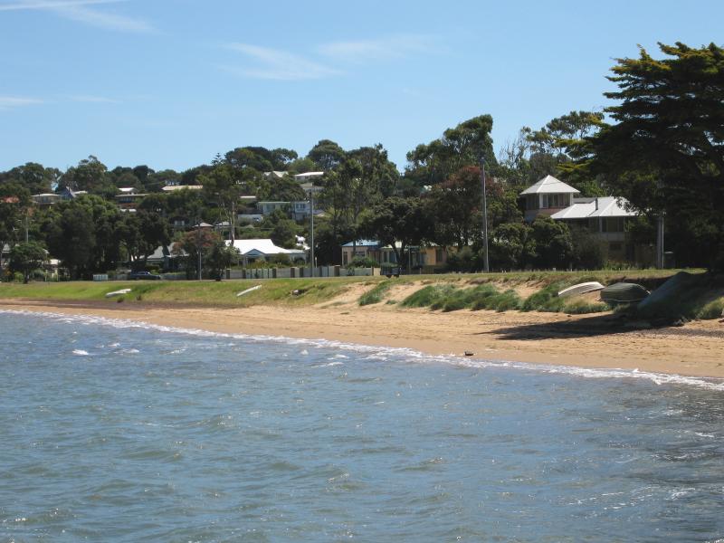 Rhyll - Boat ramp, Rhyll Jetty and coast along southern section of Beach Road - View towards houses along Beach Rd, west of Rhyll Jetty
