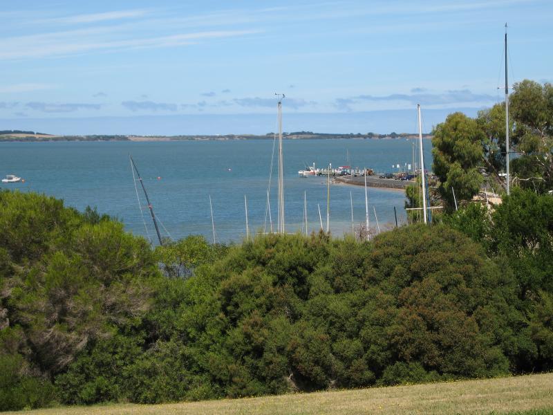 Rhyll - Lady Nelson Point, parkland at the northern end of Beach Rd: View south over yacht club and towards boat ramp
