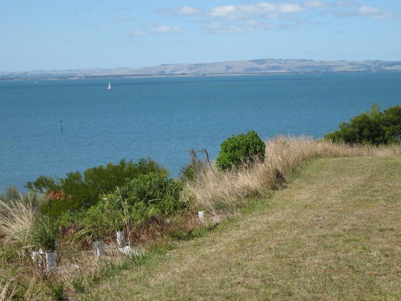 Rhyll - Lady Nelson Point, parkland at the northern end of Beach Rd: View east towards mainland