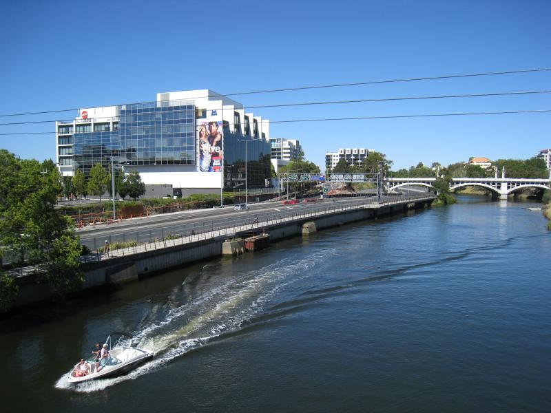 Richmond - Yarra River along southern border of Richmond with South Yarra: View from railway bridge, east along river towards Monash Fwy and Church Street Bridge