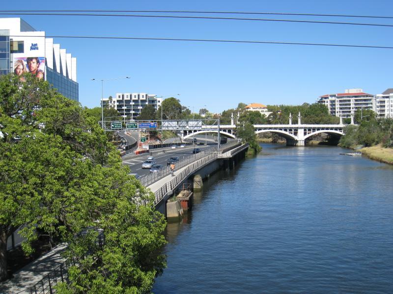 Richmond - Yarra River along southern border of Richmond with South Yarra: View from railway bridge, east along Monash Fwy and river towards Church Street Bridge