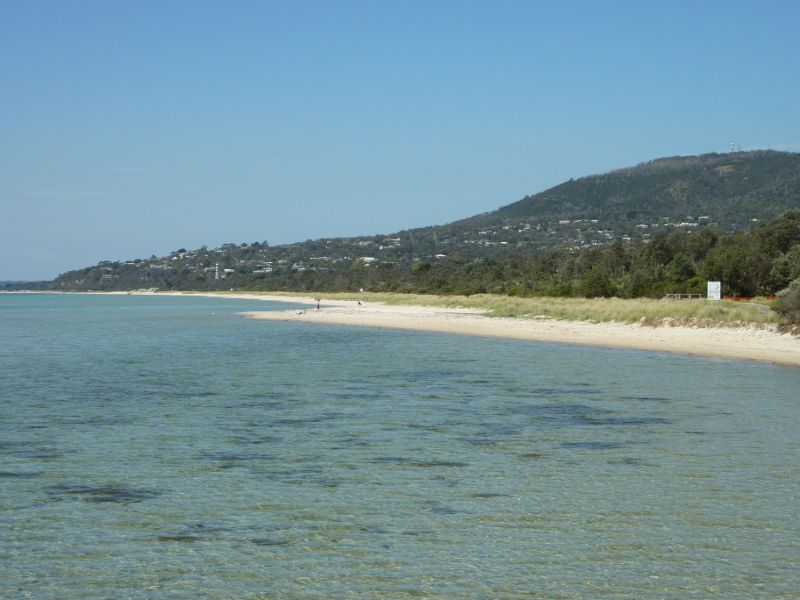 Rosebud - Rosebud Pier, Jetty Road: View towards Arthurs Seat peak and McCrae