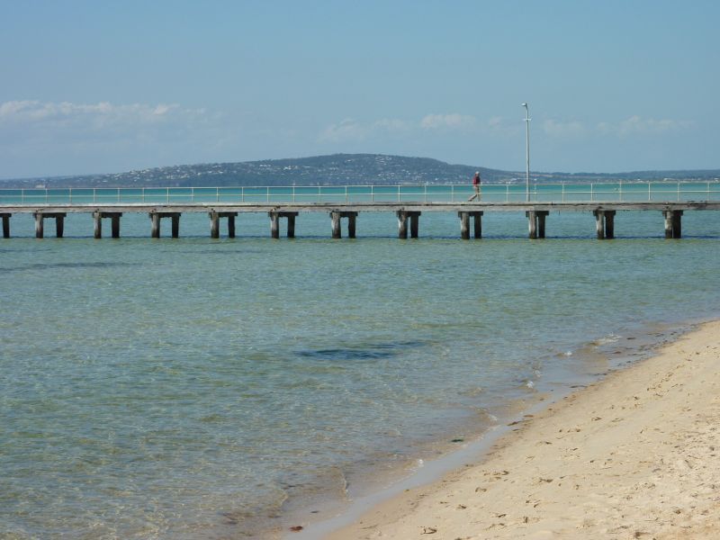 Rosebud - Foreshore reserve and Bay Trail on west side of Rosebud Pier: View towards pier and Mt Martha