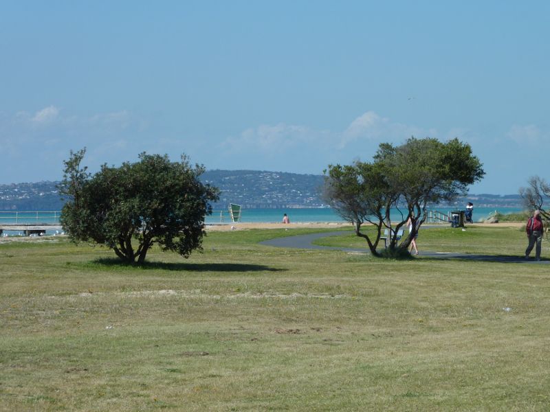 Rosebud - Foreshore reserve and Bay Trail on west side of Rosebud Pier - View across foreshore reserve towards beach and pier