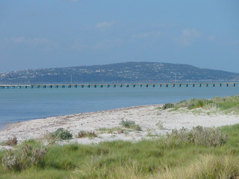 Rosebud - Beach at Village Green: View towards Rosebud Pier and Mt Martha