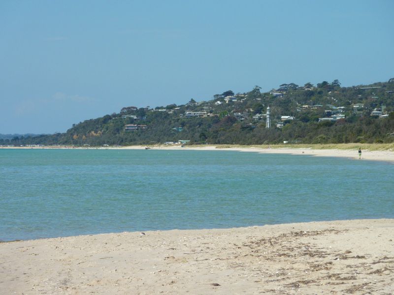 Rosebud - Foreshore reserve and Bay Trail on east side of Rosebud Pier - View across beach towards McCrae