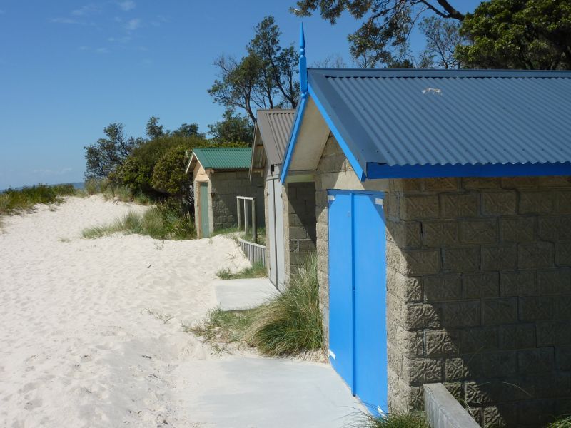 Rosebud - Beach and foreshore reserve opposite Capel Avenue, Capel Sound: Bathing boxes on beach