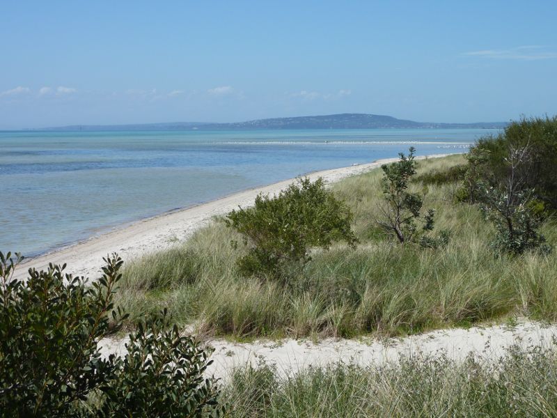 Rosebud - Beach and foreshore reserve opposite Capel Avenue, Capel Sound: North-easterly view across beach towards Mt Martha