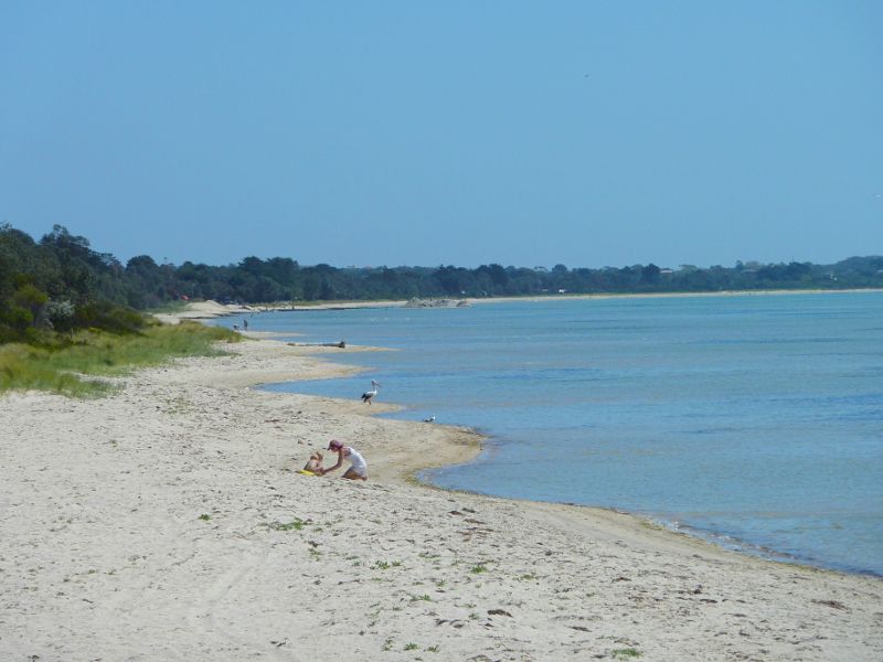Rosebud - Beach and foreshore reserve opposite Capel Avenue, Capel Sound: Westerly view along beach