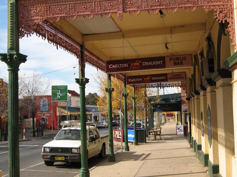 Rutherglen - Commercial centre and shops, Main Street - View south-east along Main St from under verandah of Victoria Hotel