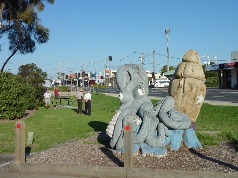 Rye - Commercial centre and shops, Point Nepean Road: See creature wood carving, view east along Point Nepean Rd towards Lyons St